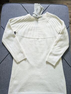 Blue Rain Cream Sweater Dress with Ribbon Accent